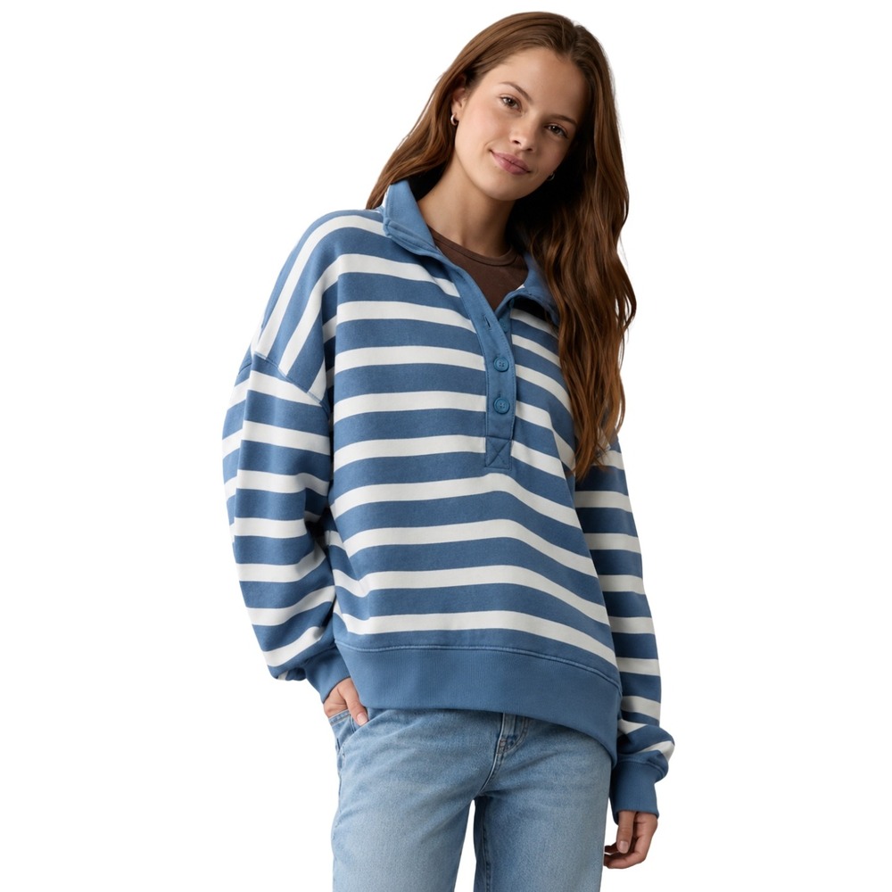 American Eagle Sweater Small Blue White Striped Mock Neck Button Pullover Fleece